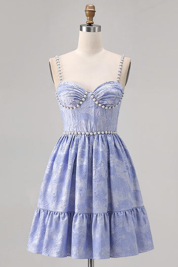Blue Spaghetti Straps Brocade Beaded A Line Cocktail Dress